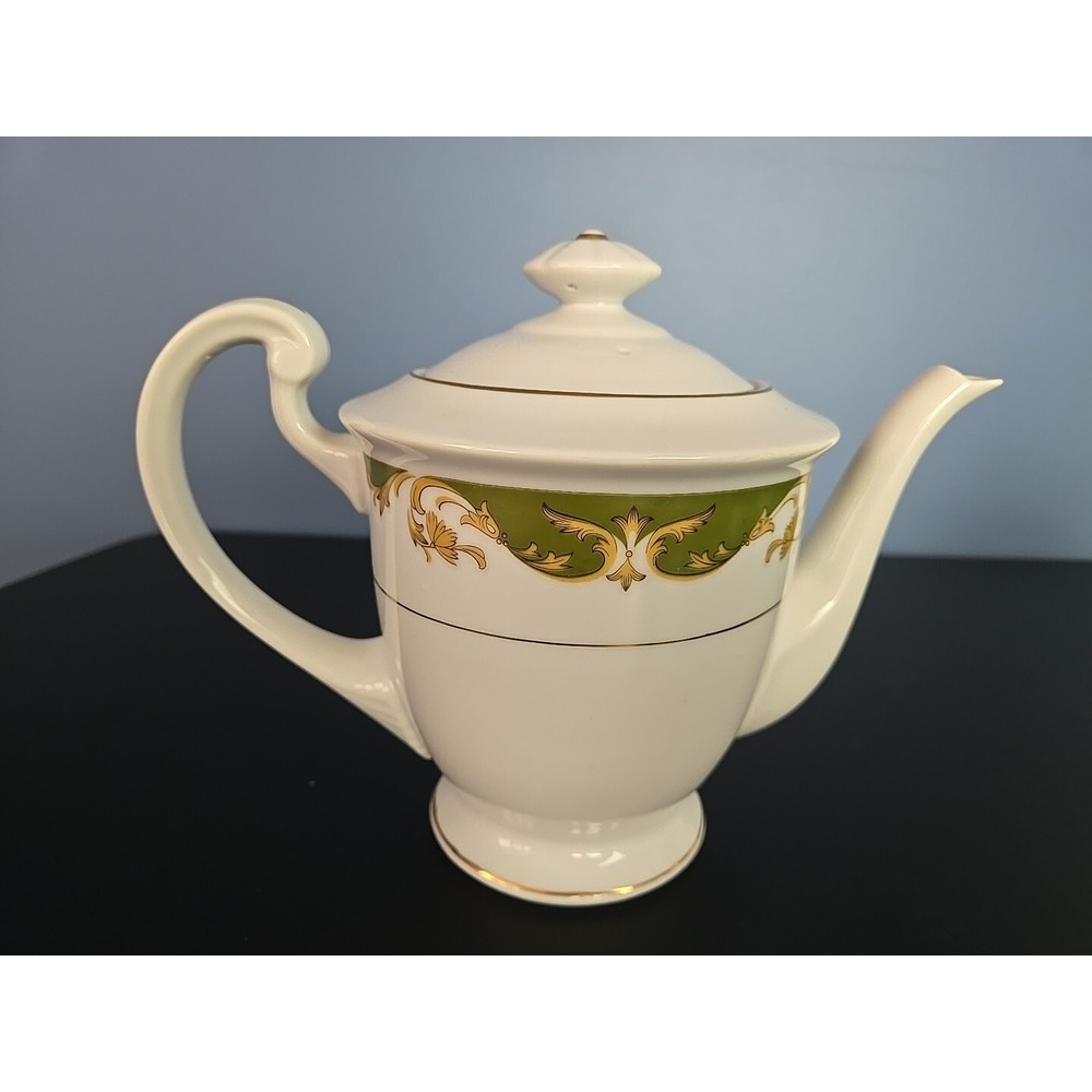 STYLE HOUSE KIMBERLY PATTERN GREEN & GOLD FINE BONE CHINA TEAPOT‎ WITH LID